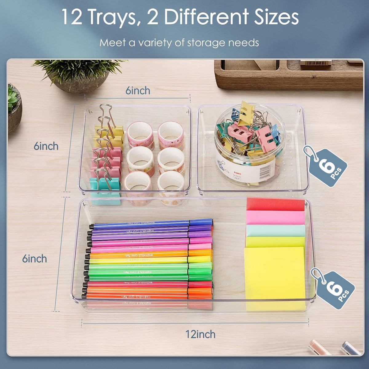 12 Pack Large Clear Plastic Drawer Organizer Set, Acrylic Bathroom Organizer Vanity Trays Dividers