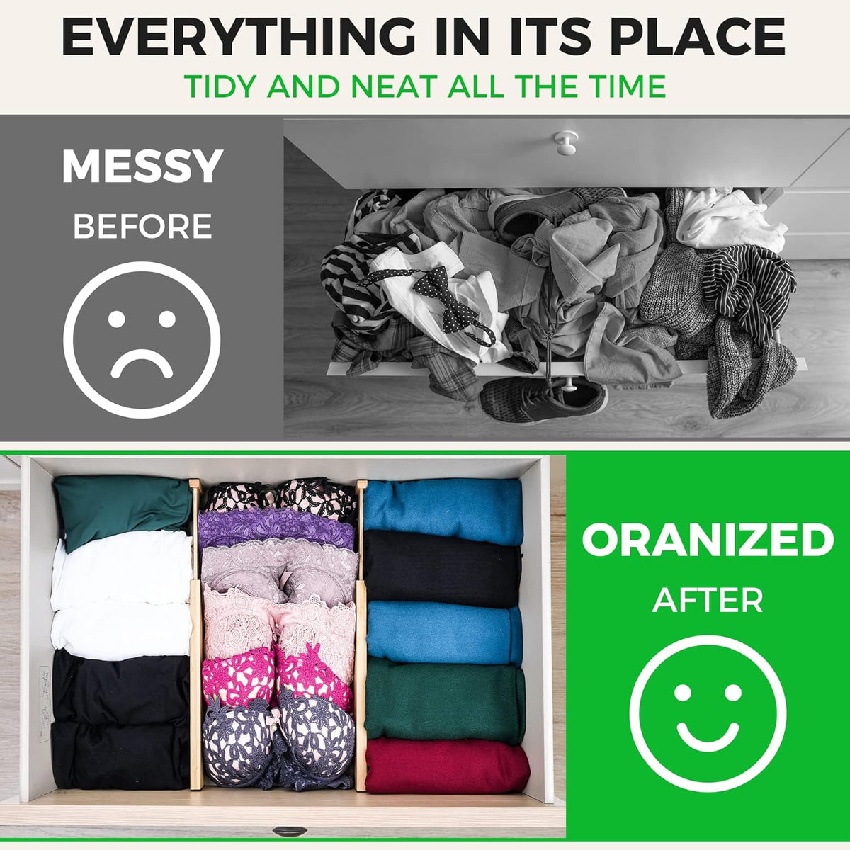 Bamboo Drawer Dividers Organizer with Inserts, Expandable from 12.5-21.7", Adjustable Drawer