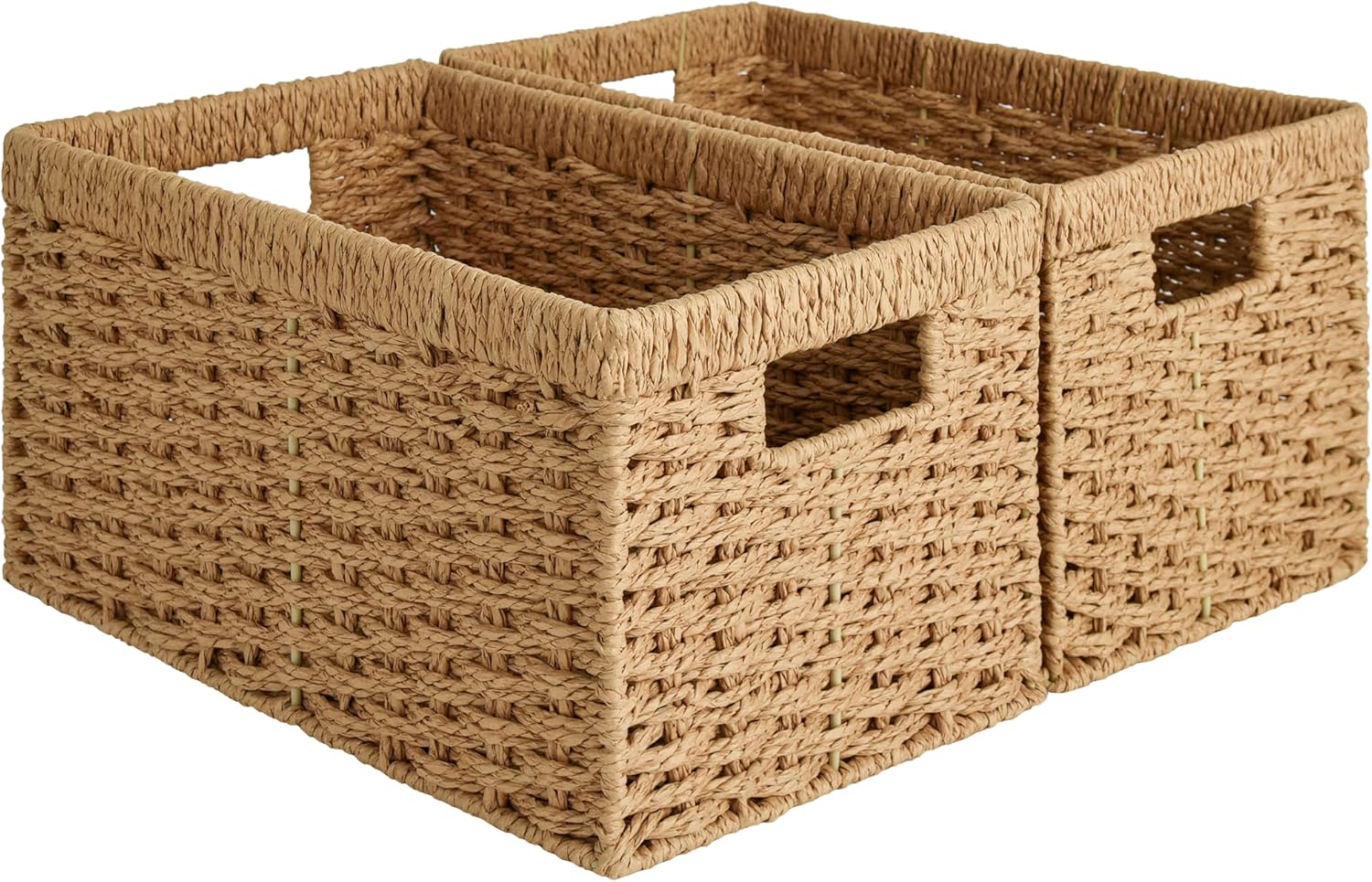 StorageWorks Round Paper Rope Storage Baskets, Rectangular Wicker Baskets with Built-in Handles