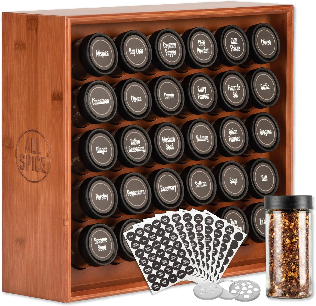 AllSpice Spice Rack Organizer, Wood, 525 Unique Labels, Countertop or Wall Mount, Includes 30 4oz