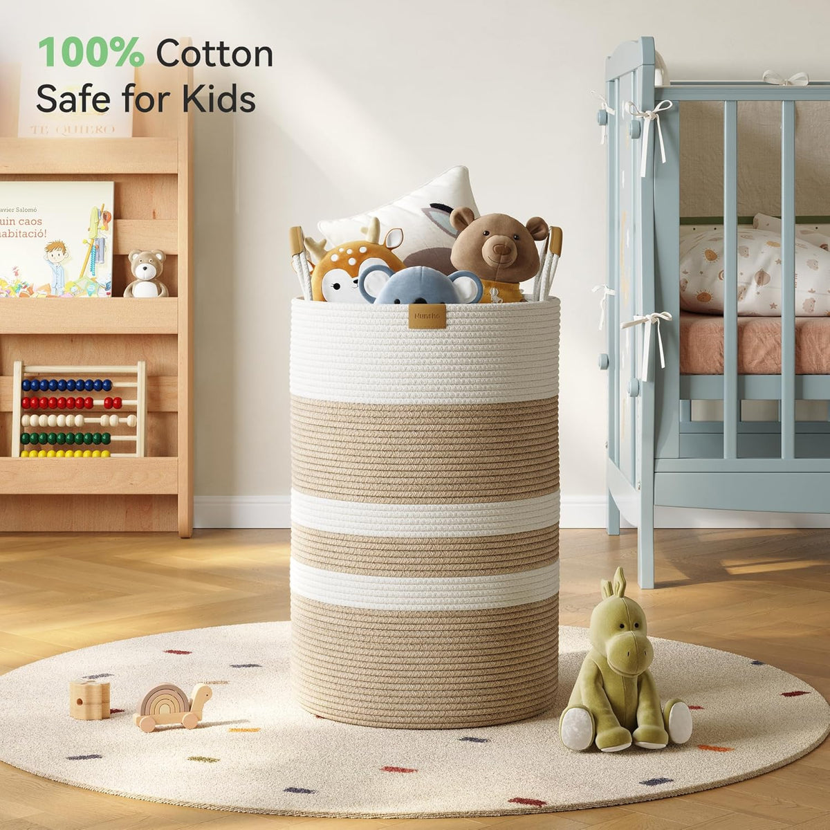 75L Striped Laundry Hamper with Leather Handles,Large Foldable Laundry Basket for Clothes,Cotton