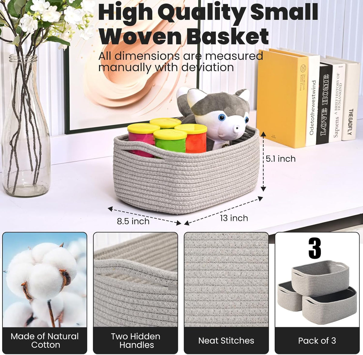 Small Grey Baskets for Organizing, Gray Storage Basket for Shelves, Woven Baskets for Storage