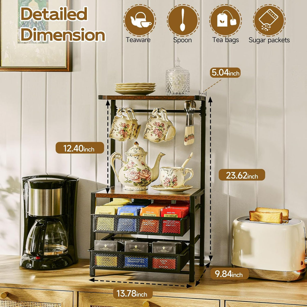 Pinzoveco Tea Bag Organizer, Large Tea Organizers and Storage Box,2 Drawers Tea Bags Holder Wood