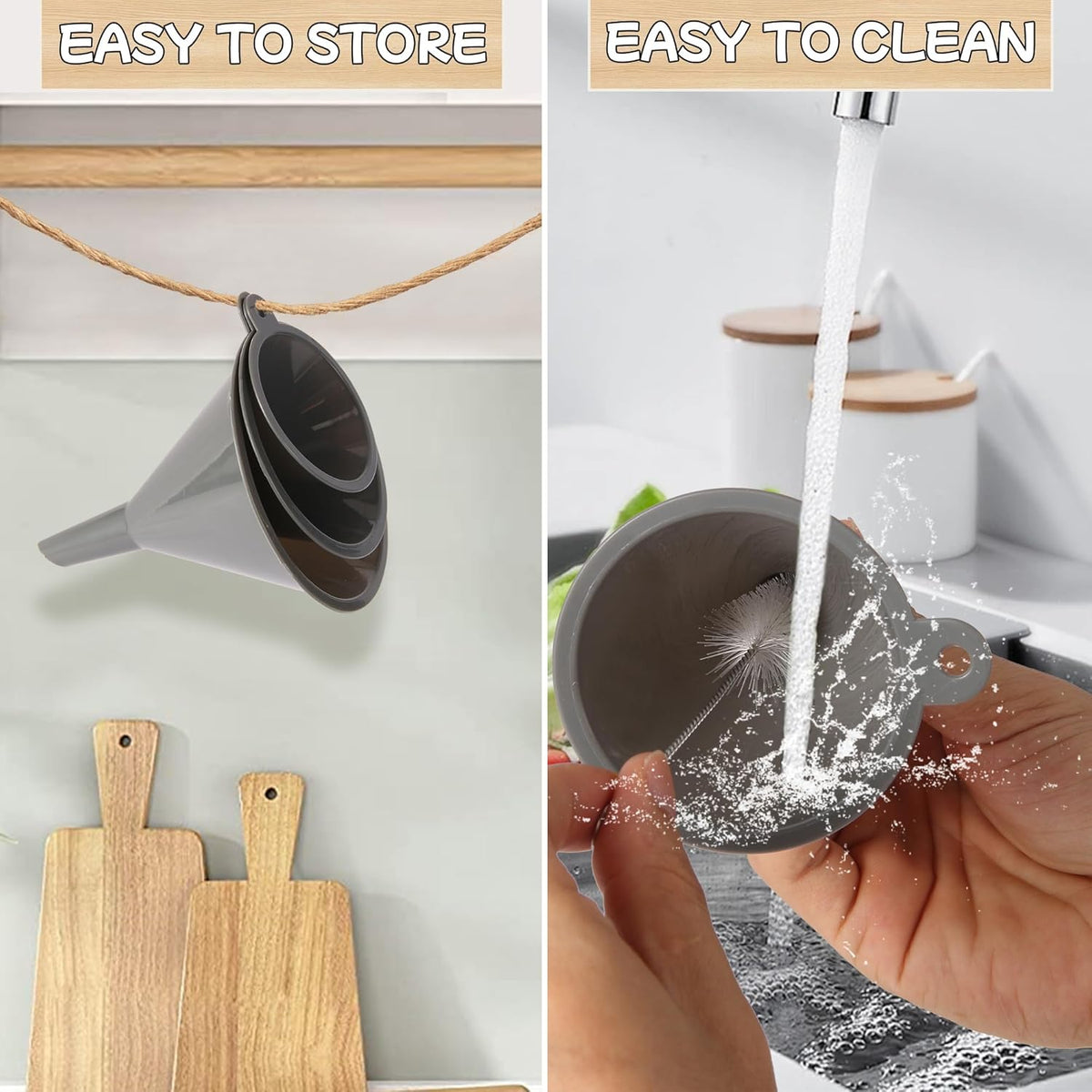 Plastic Kitchen Funnel Set of 3 with Clean Brush, Round Food Funnels for Kitchen Use