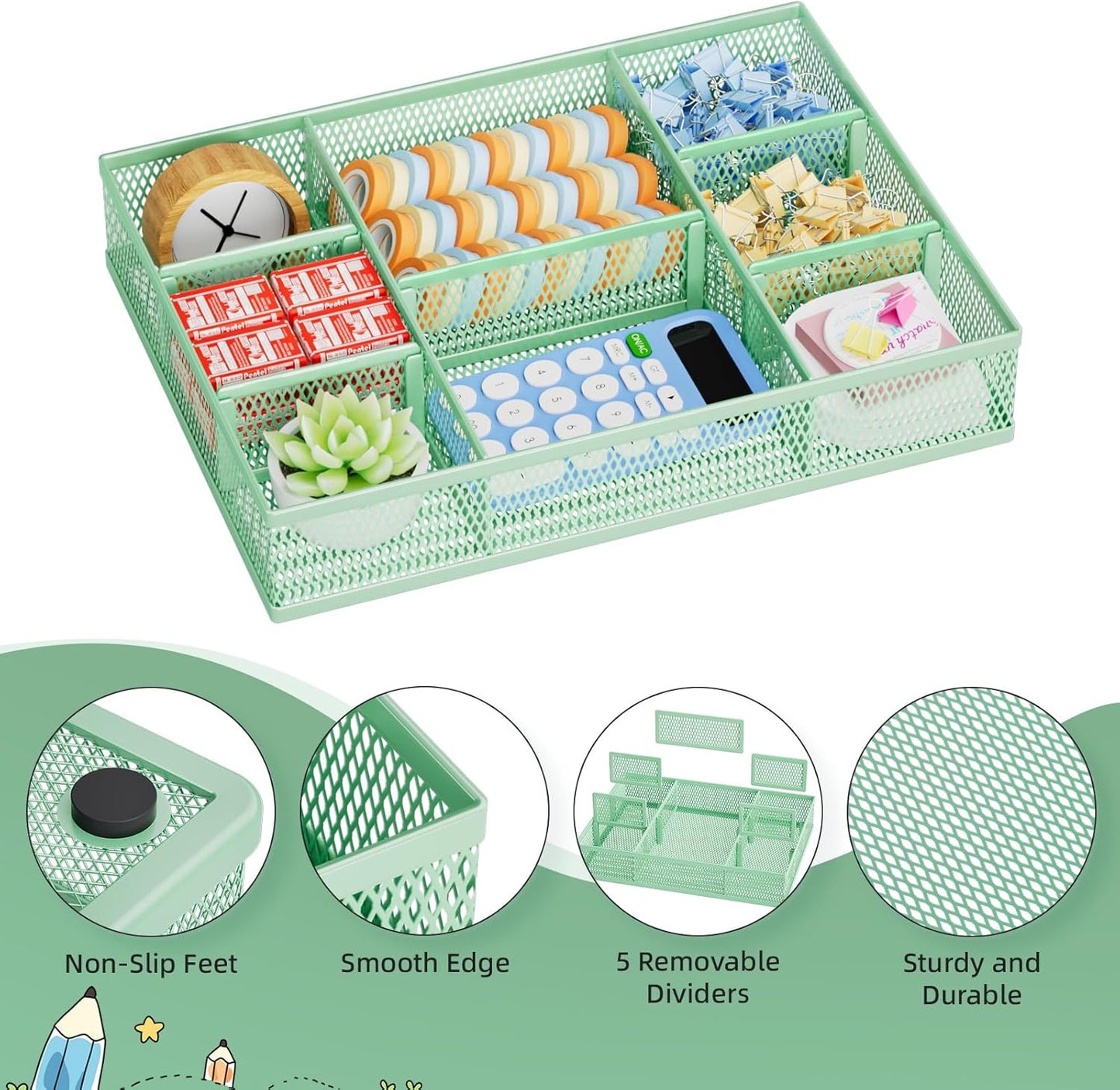 Marbrasse 2 Pack Desk Drawer Organizer, Mesh Drawer Organizer Tray with 8 Adjustable Compartments