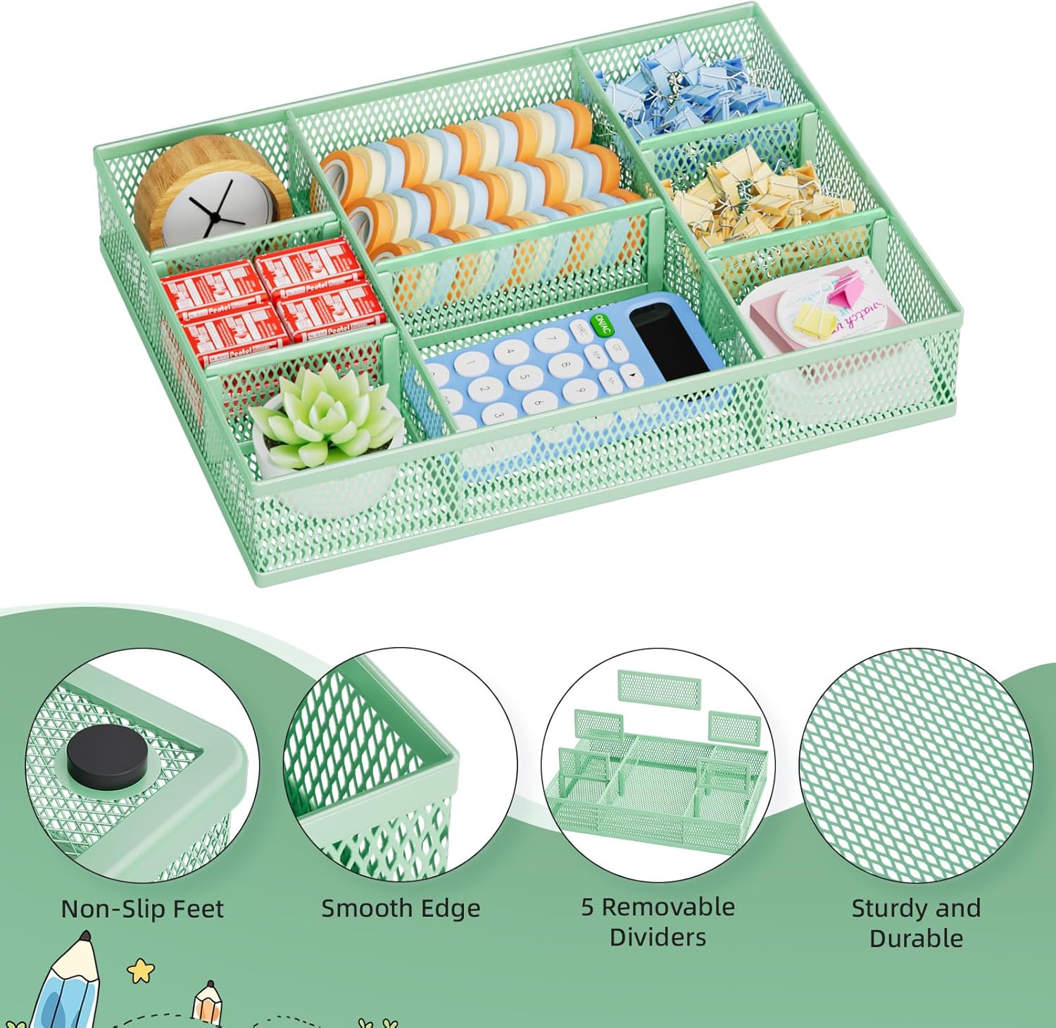 Marbrasse 2 Pack Desk Drawer Organizer, Mesh Drawer Organizer Tray with 8 Adjustable Compartments