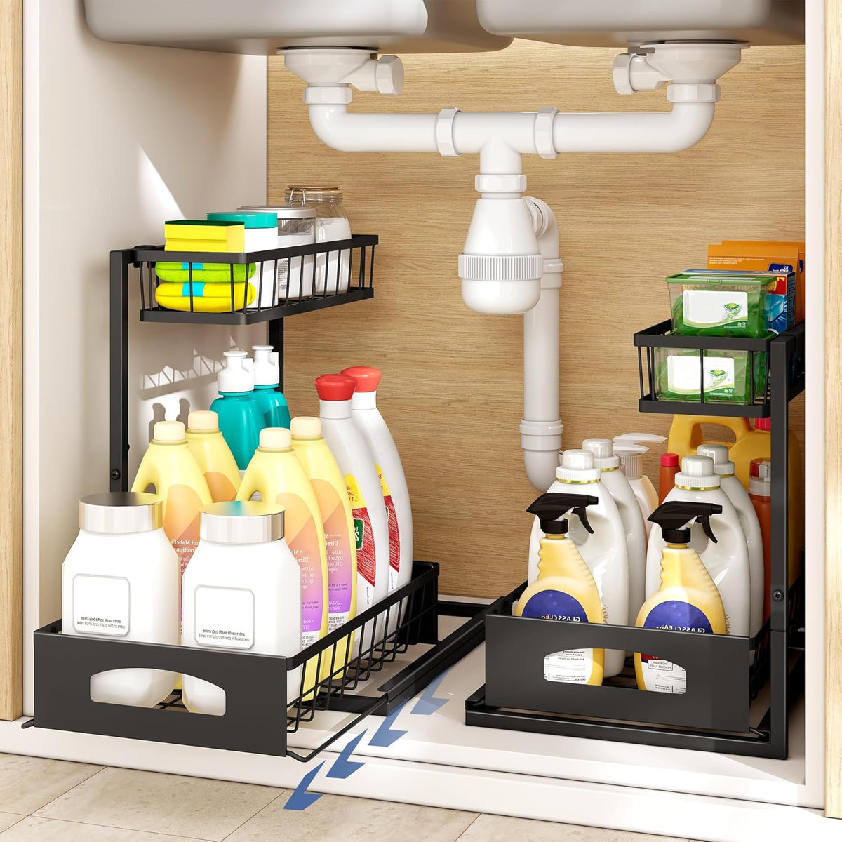 Under Sink Organizer, 2 Pack Height Adjustable Cabinet Organizer with Slide Out Drawer, Pull Out
