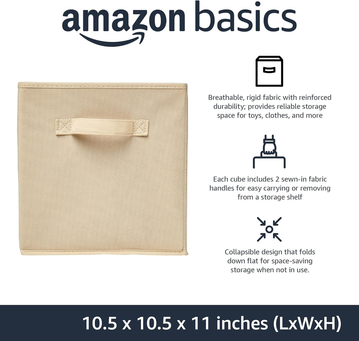 Amazon Basics Collapsible Fabric Storage Cubes Organizer with Handles, Sturdy, Beige
