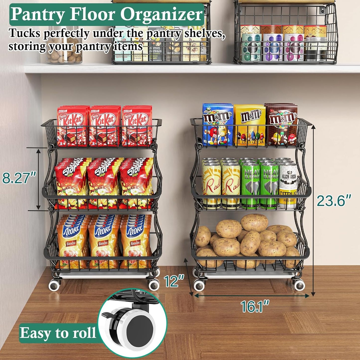 3-Tier Rolling Pantry Floor Organizer and Storage Cart with Wheels, Stackable Wire Pantry Baskets
