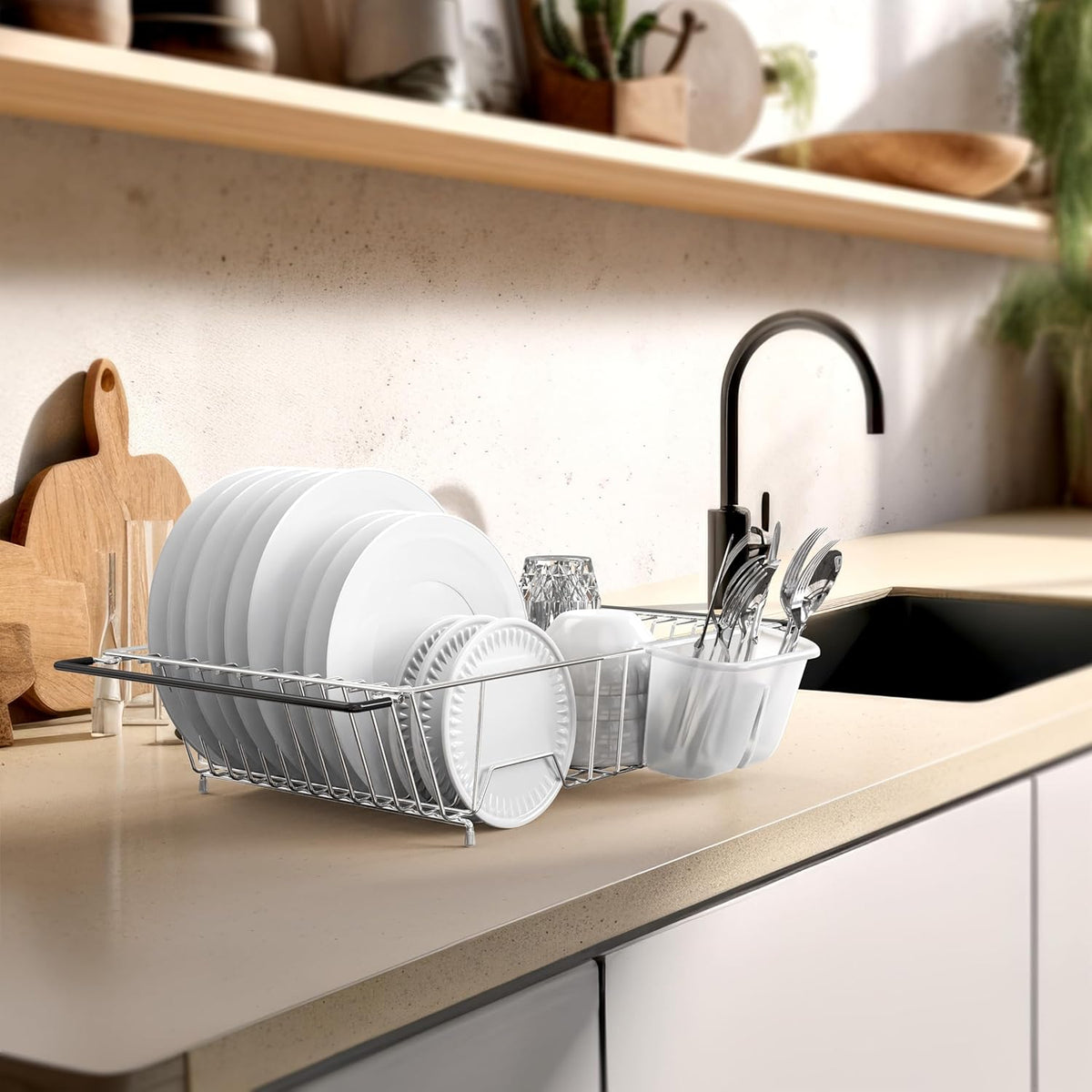 SIMPLE HOUSEWARE Large Over Sink Counter Top Stainless Steel Dish Drainer Drying Rack with Utensil