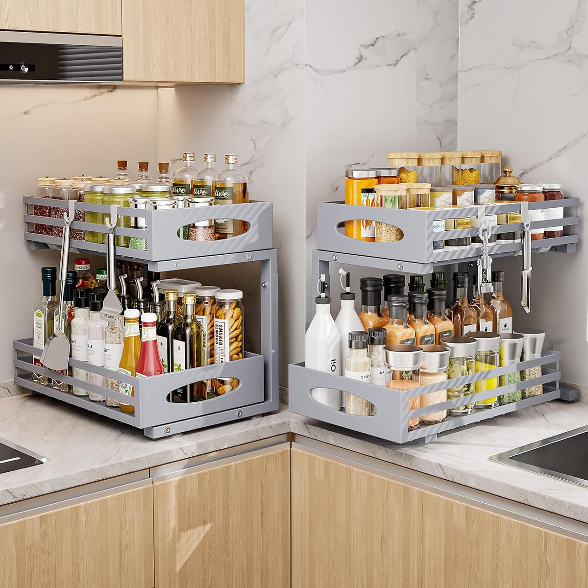 Under Sink Organizer, 2 Tier Under Sink Organizers and Storage, Adjustable Height, Slide Out Metal