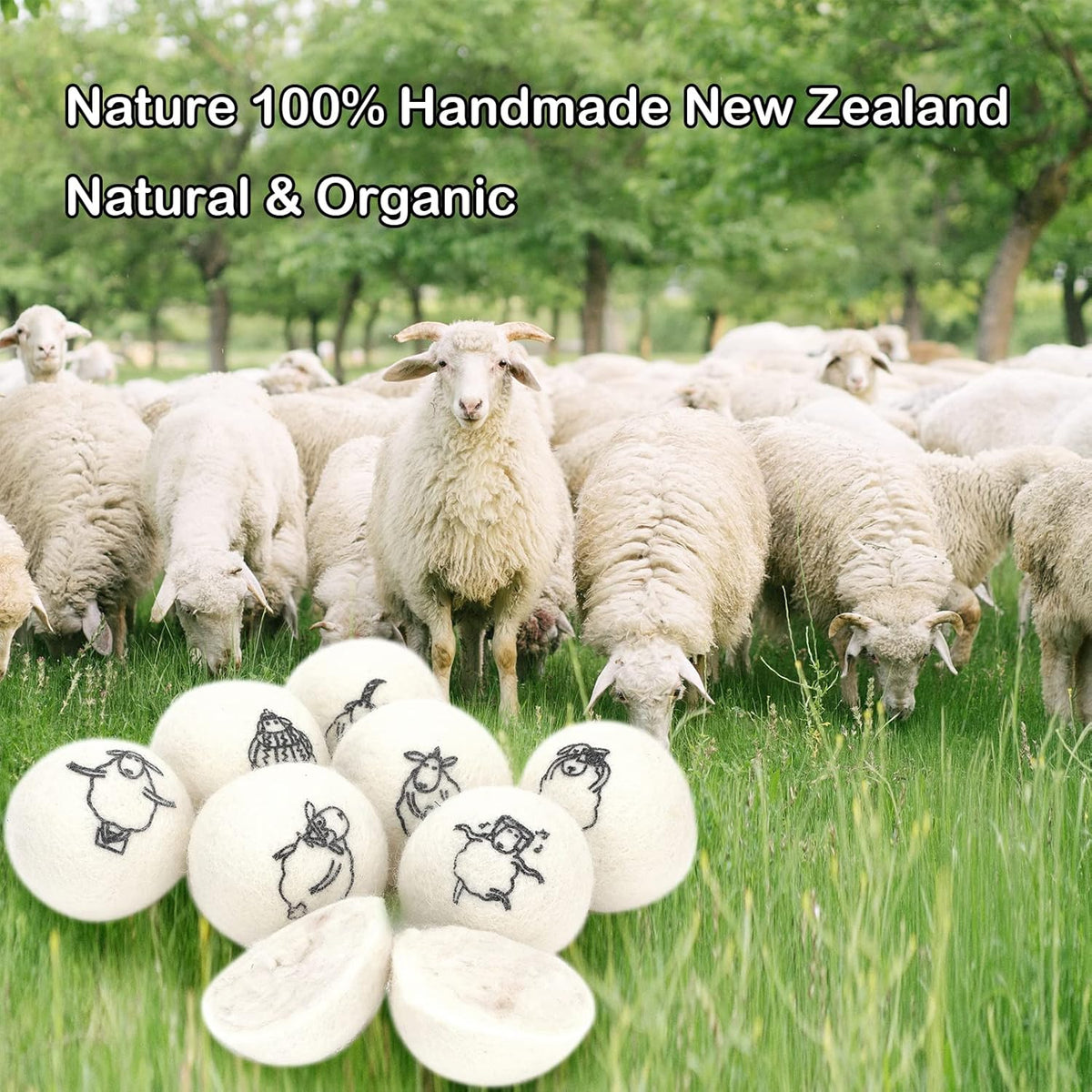 Wool Dryer Balls, 8PCS Dryer Balls with Happy Sheep - Natural & Organic, 100% New Zealand Wool