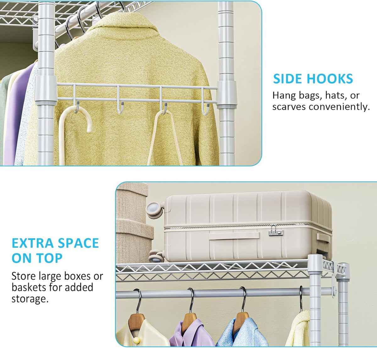 IZEUK Heavy Duty Rolling Garment Rack with 3 Adjustable Wire Shelves, Hanging Rod & Side Hooks