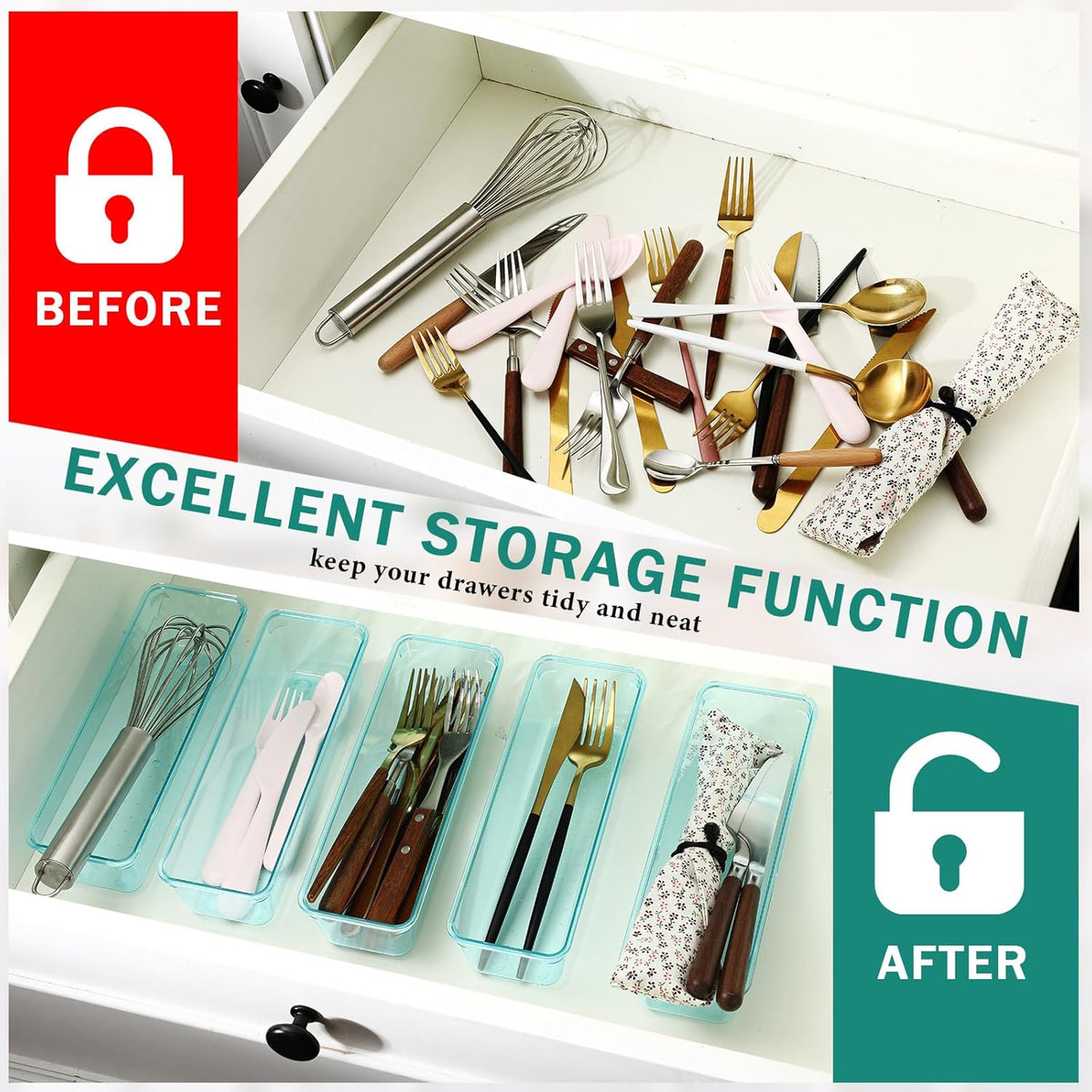 Maitys 12 Pcs Vanity Drawer Organizer 9 x 3 x 2 Inches Clear Plastic Utensil Organizers Kitchen