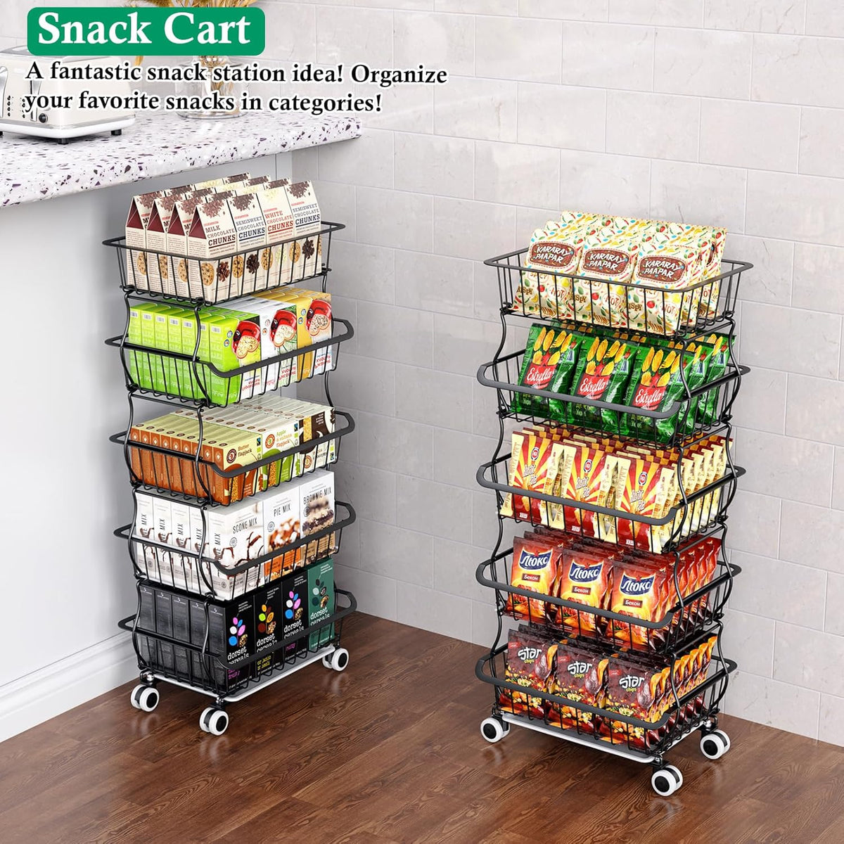 5 Tier Fruit Basket for Kitchen, Stackable Bins Wire Rack with Wheels, Fruit and Vegetable Storage