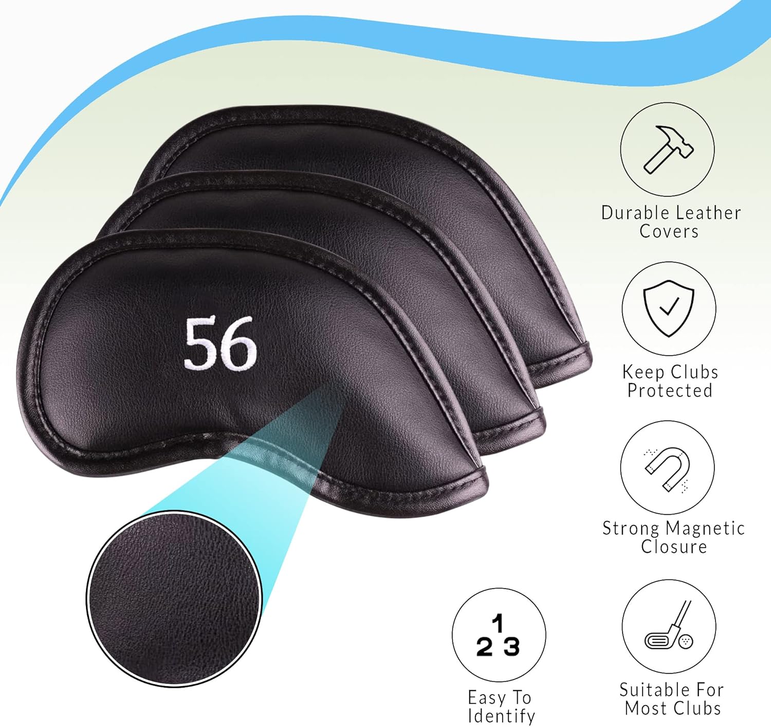 Premium Magnetic Leather Iron and Wedge Golf Club Head Covers | Set of 10 | Fits Most Clubs |