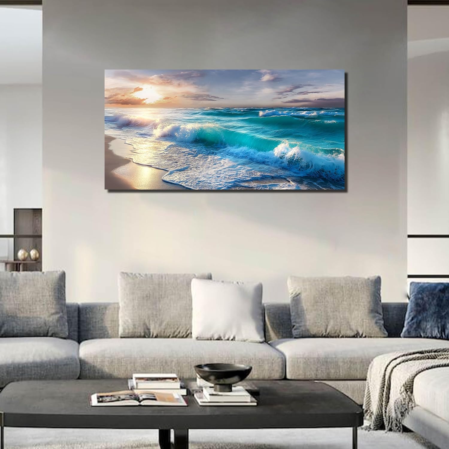 GUGIKA Ocean Wall Art for Living Room, Blue Wave and Large Coastal Beach Canvas Wall-Decor for