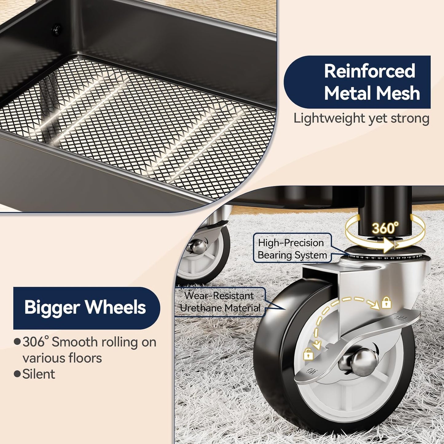 YASONIC 3 Tier Rolling Cart - Metal Utility Cart with Wheels, Hanging Cups, Hooks, Heavy Duty Mesh
