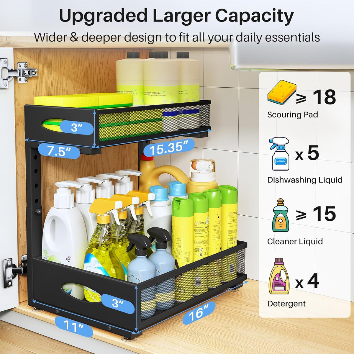 Under Sink Organizer, 2 Tier Pull Out Under Cabinet Organizer Shelf with Pad for Framed Cabinets