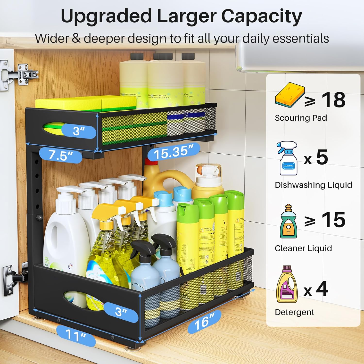 Under Sink Organizer, 2 Tier Pull Out Under Cabinet Organizer Shelf with Pad for Framed Cabinets