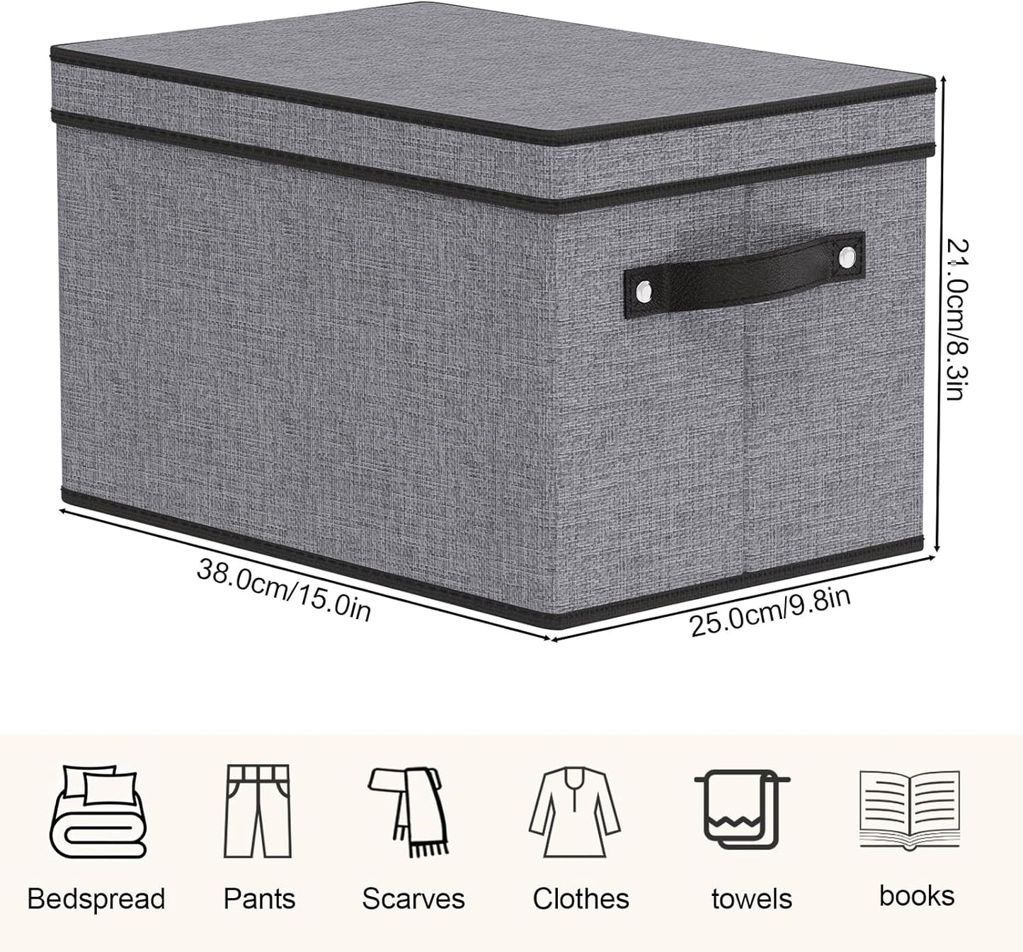 Storage Boxes, 15 x 9.8 x 8.3 Inch Baskets for Organizing with Lids, Fabric Bins with Handles