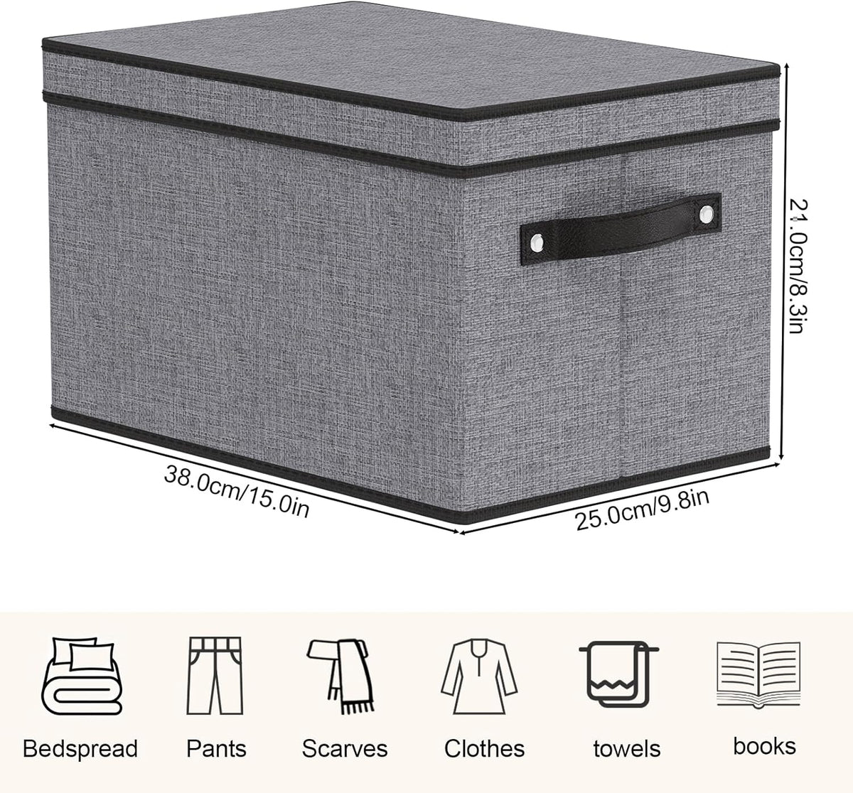Storage Boxes, 15 x 9.8 x 8.3 Inch Baskets for Organizing with Lids, Fabric Bins with Handles