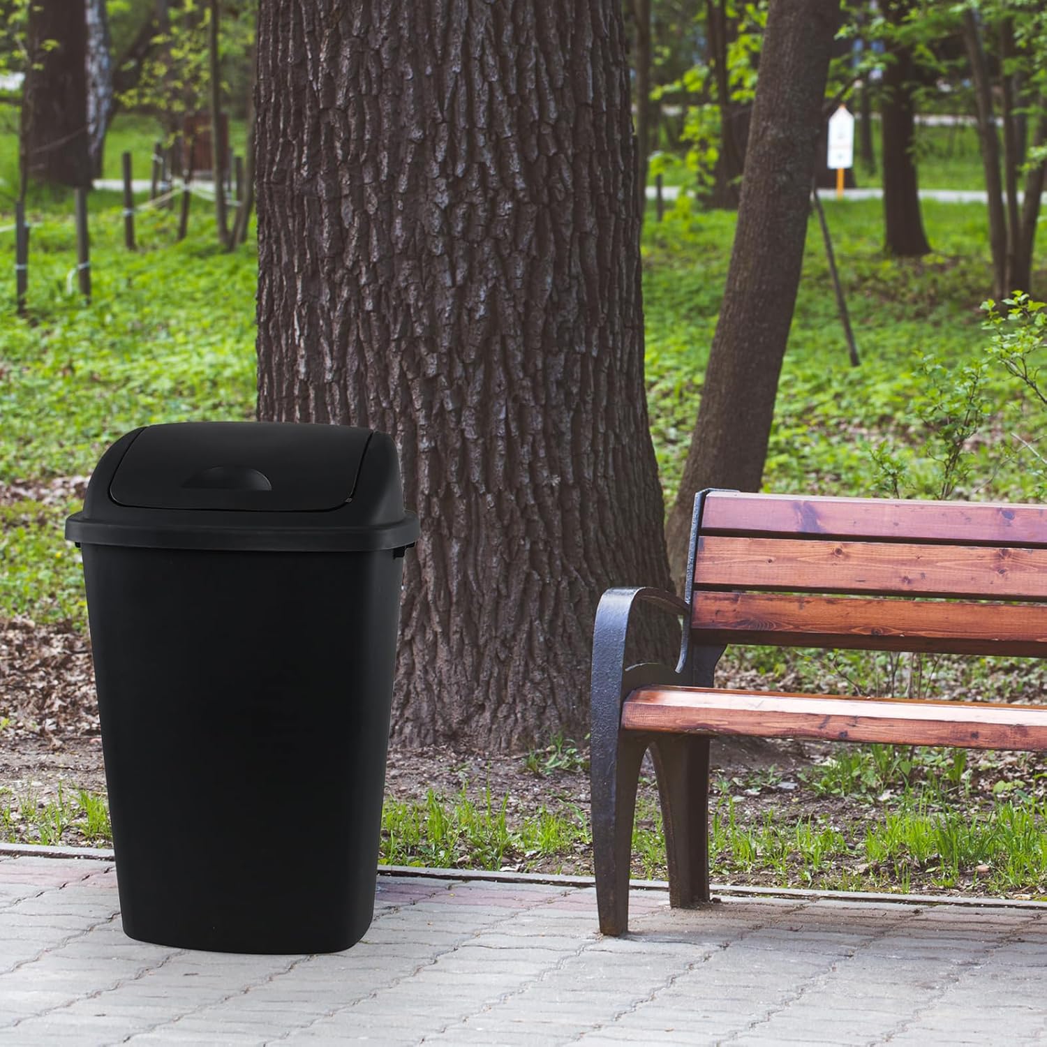 13 Gallon Plastic Trash Can with Swing Top Lid, 4 Packs Swing Lid Garbage Bins, Black