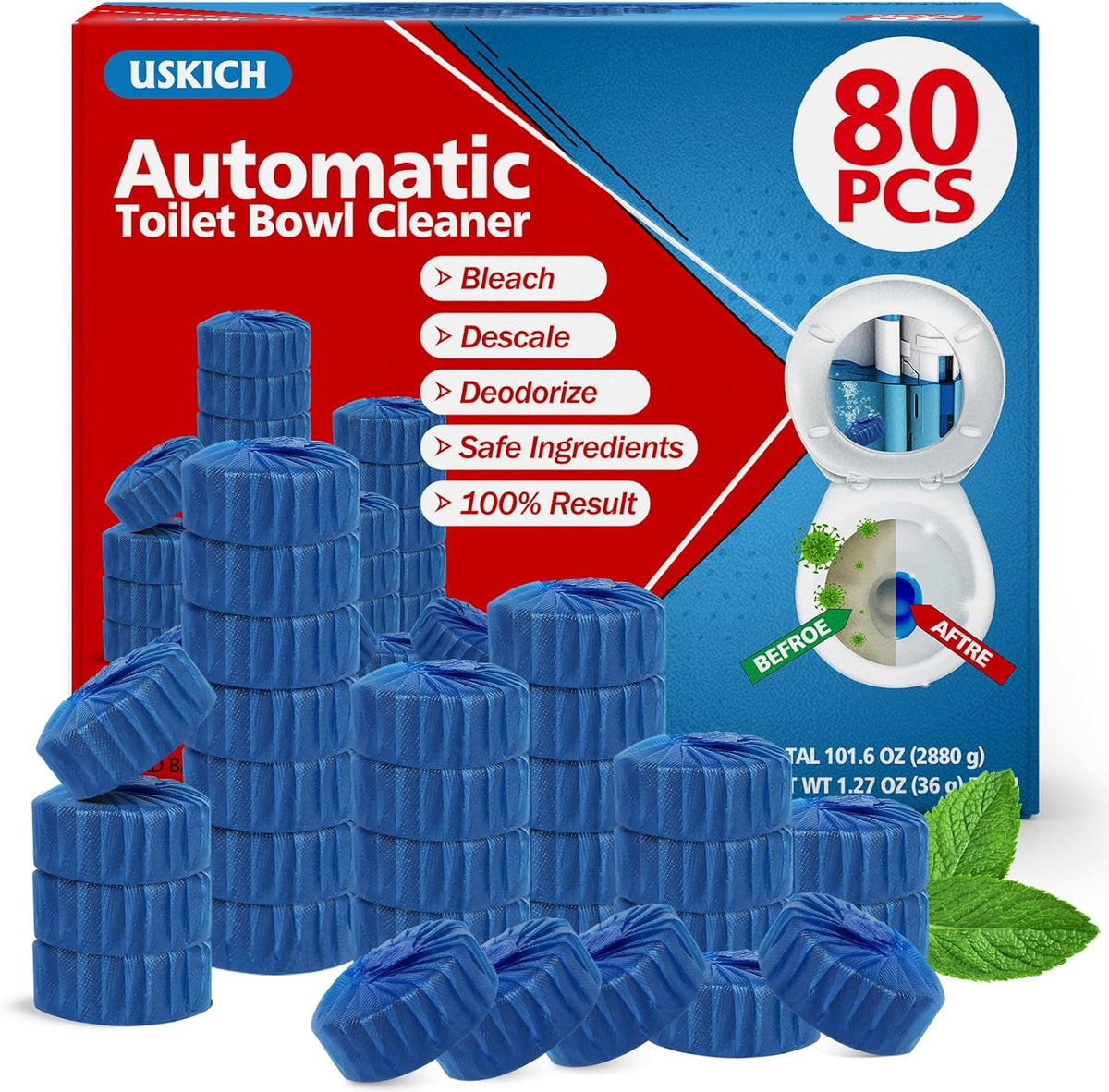 USKICH 80 Pack Toilet Bowl Cleaner Tablets,Blue Automatic Toilet Tank Cleaners, Long-Lasting