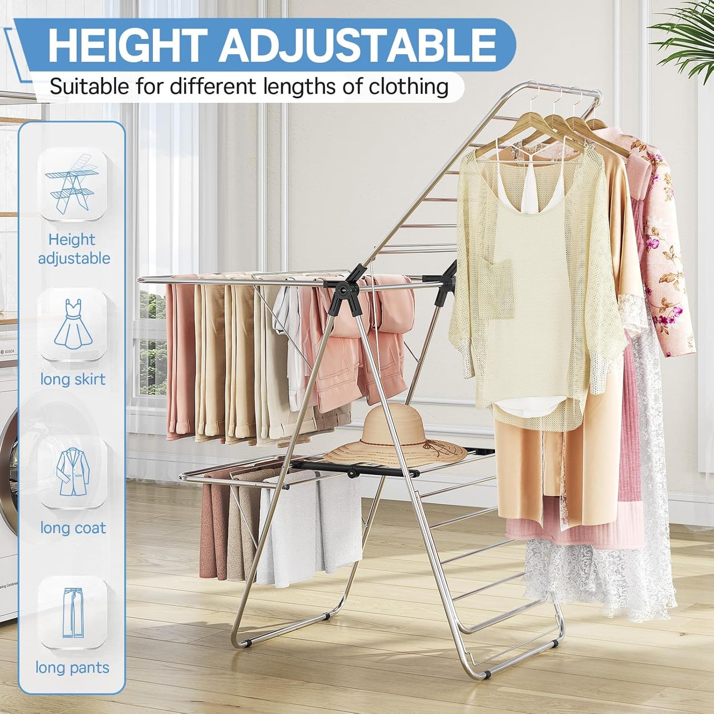 APEXCHASER Clothes Drying Rack with 4 Wings, Stainless Steel Drying Rack Clothing with