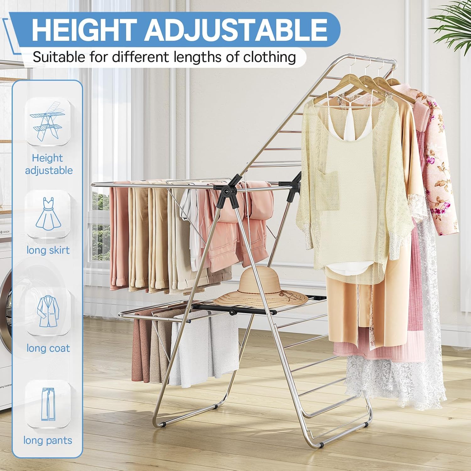 APEXCHASER Clothes Drying Rack with 4 Wings, Stainless Steel Drying Rack Clothing with