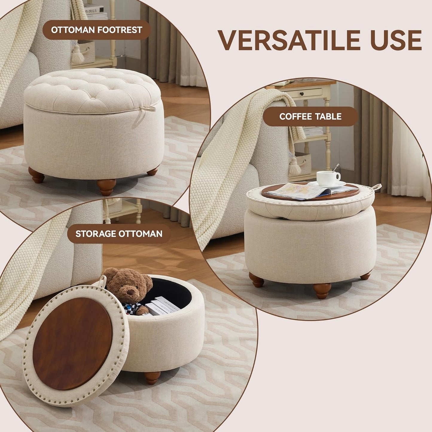 24Inch Round Storage Ottoman with Tray, Modern Tufted Fabric Circle Coffee Table with Storage