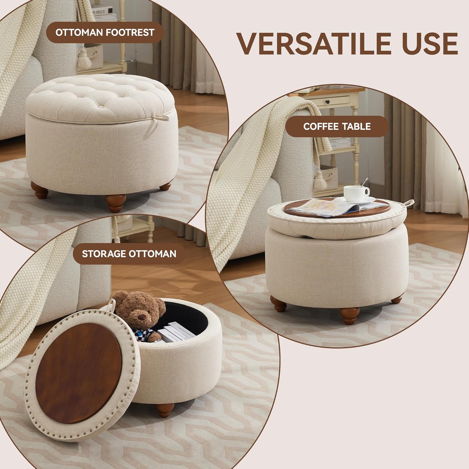 24Inch Round Storage Ottoman with Tray, Modern Tufted Fabric Circle Coffee Table with Storage