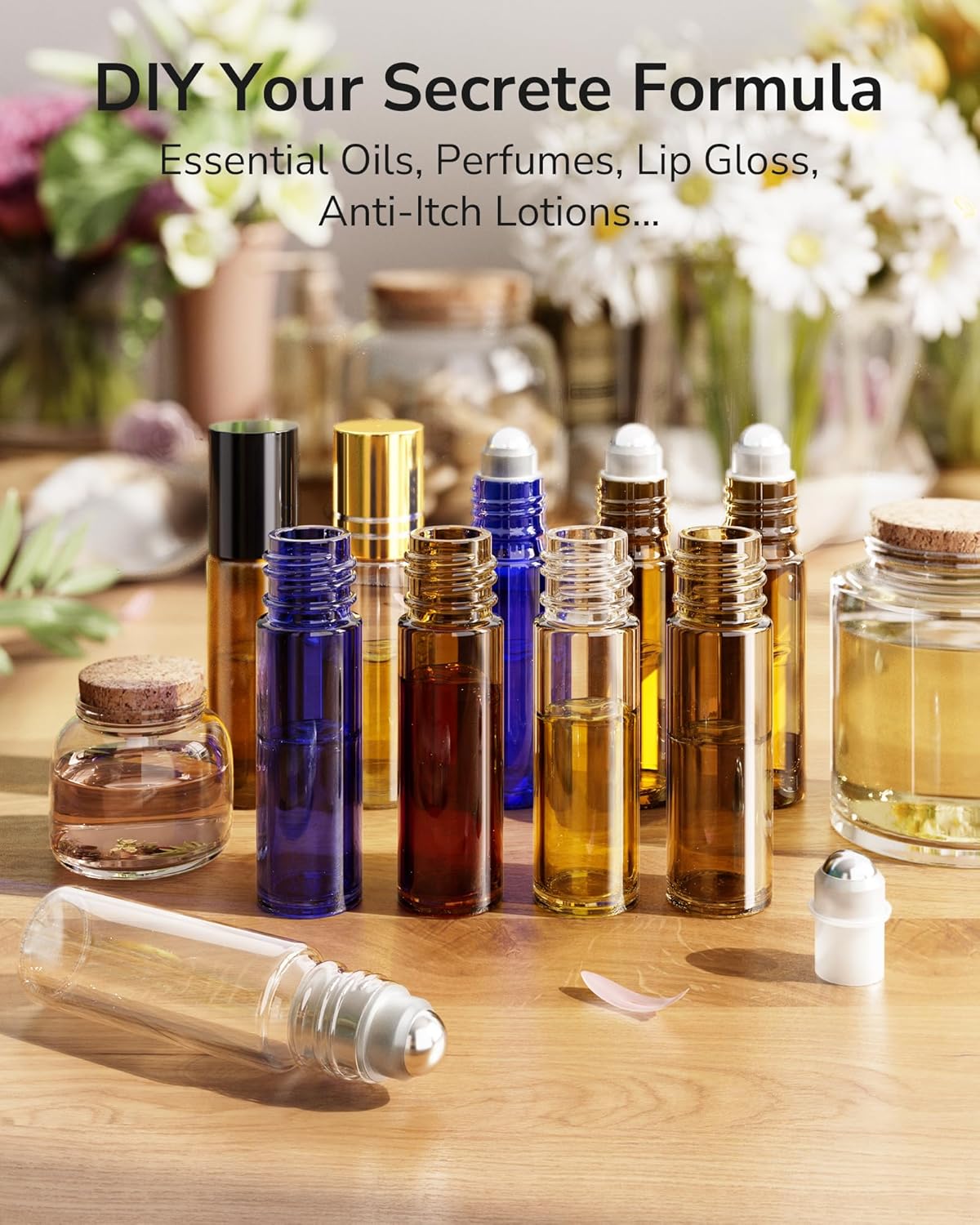 ULG 24-Pack Essential Oil Roller Bottles 10ml, Empty Bottles with Stainless Steel Roller Balls and