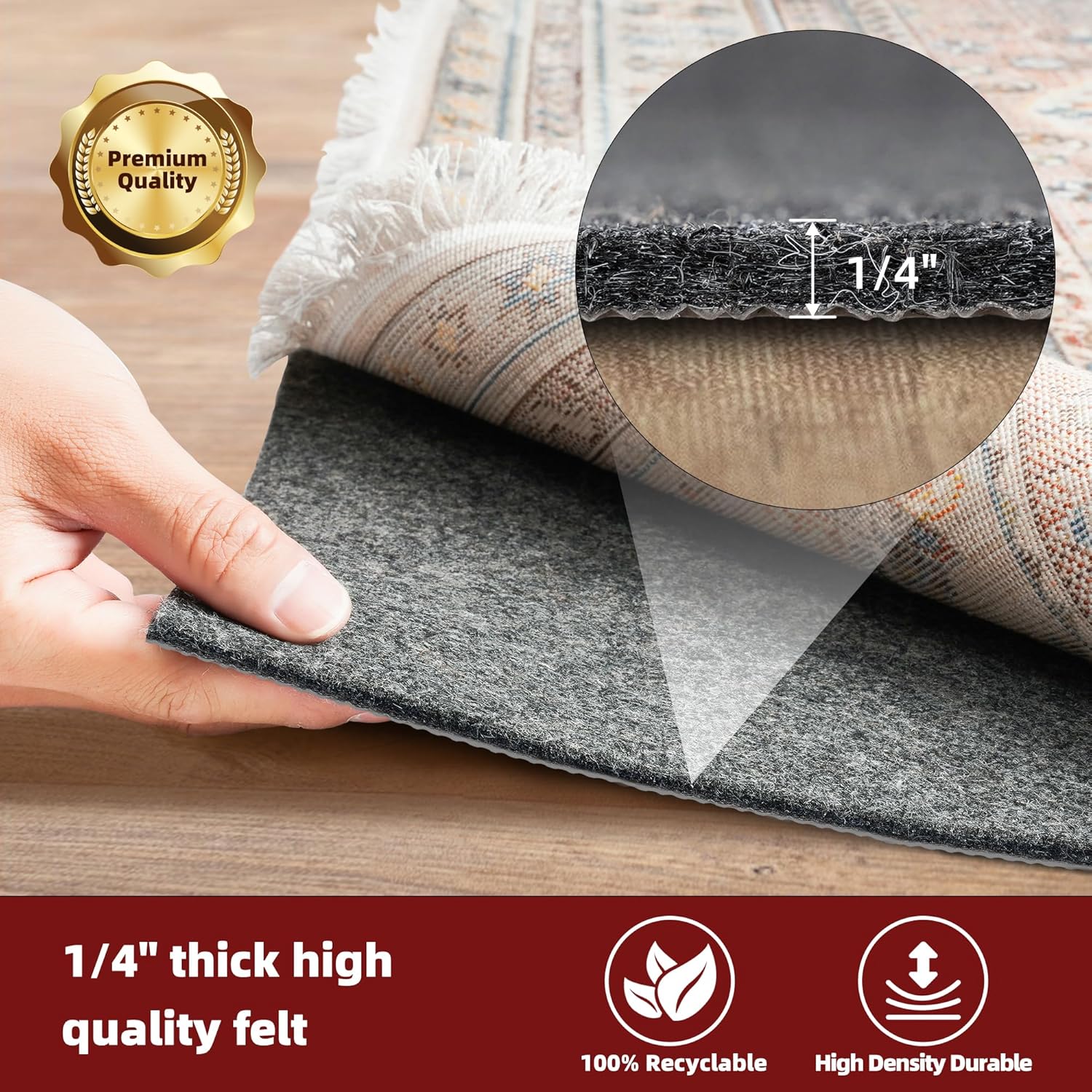 BAGAIL Felt and Natural Rubber Backing Rug Pads 1/4” Thick, 2 x 8 Ft Non Slip Carpet Gripper Keep