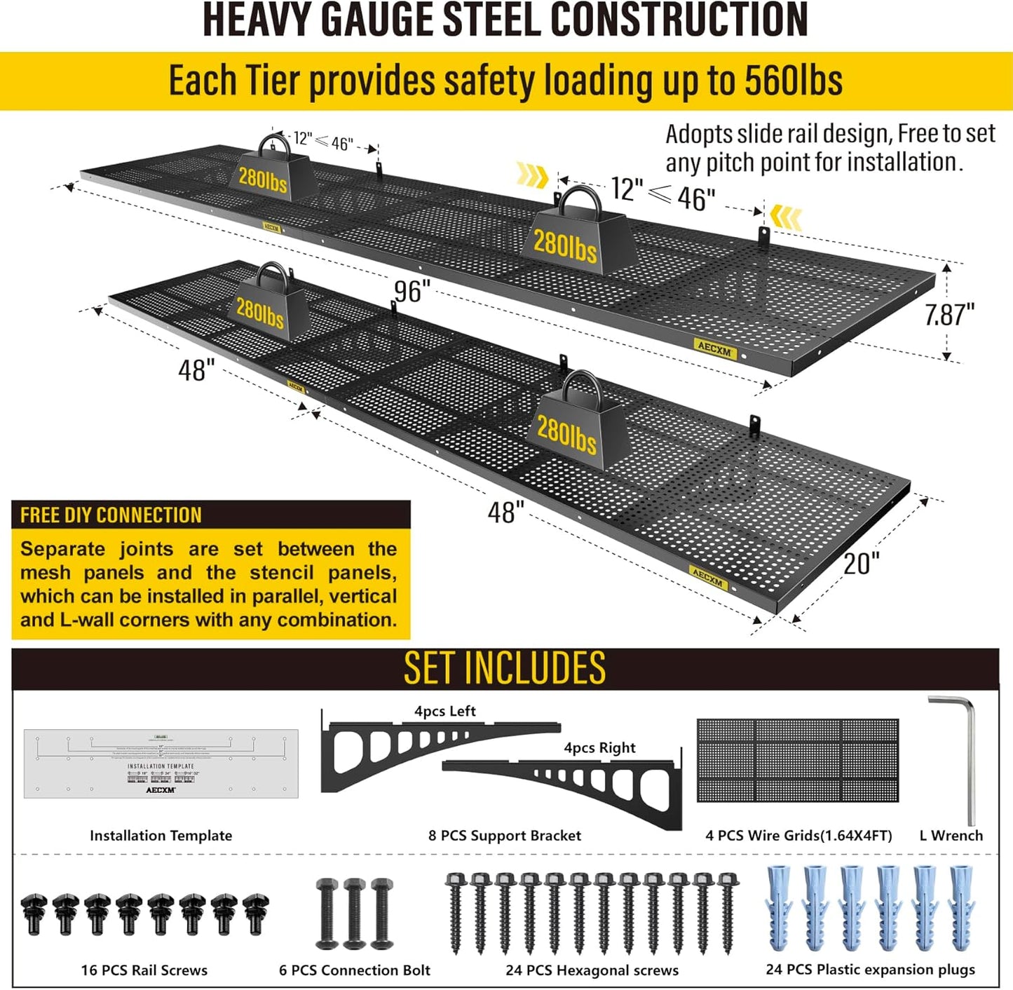 4-Pack 1.64x4ft Adjustable Garage Wall Shelving 1120lbs Load Capacity Heavy Duty Wall Mounted