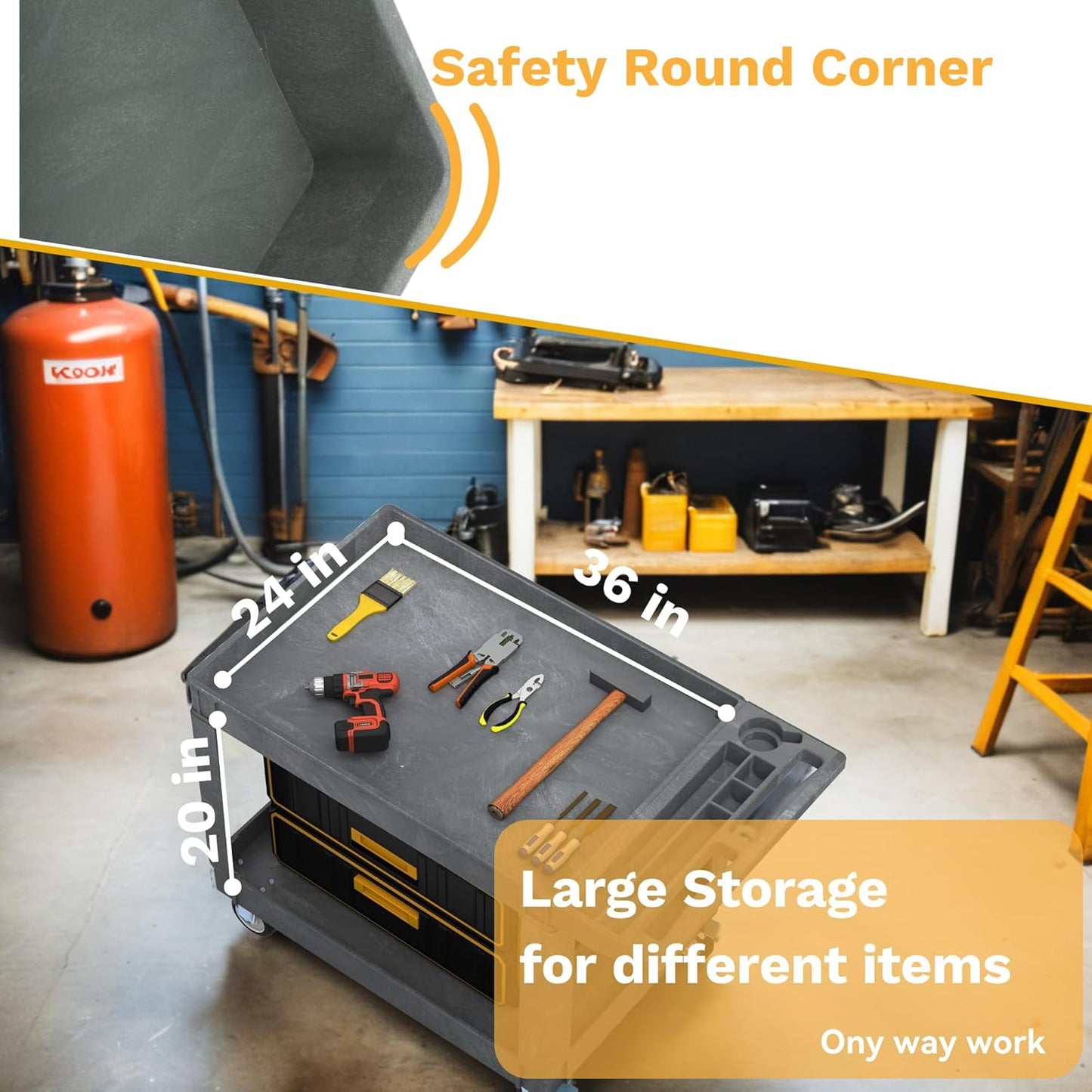 DWVO Service Utility Cart on Wheels, 45 X 25 in 550 LBS Heavy Duty Rolling Cart Plastic Work Cart