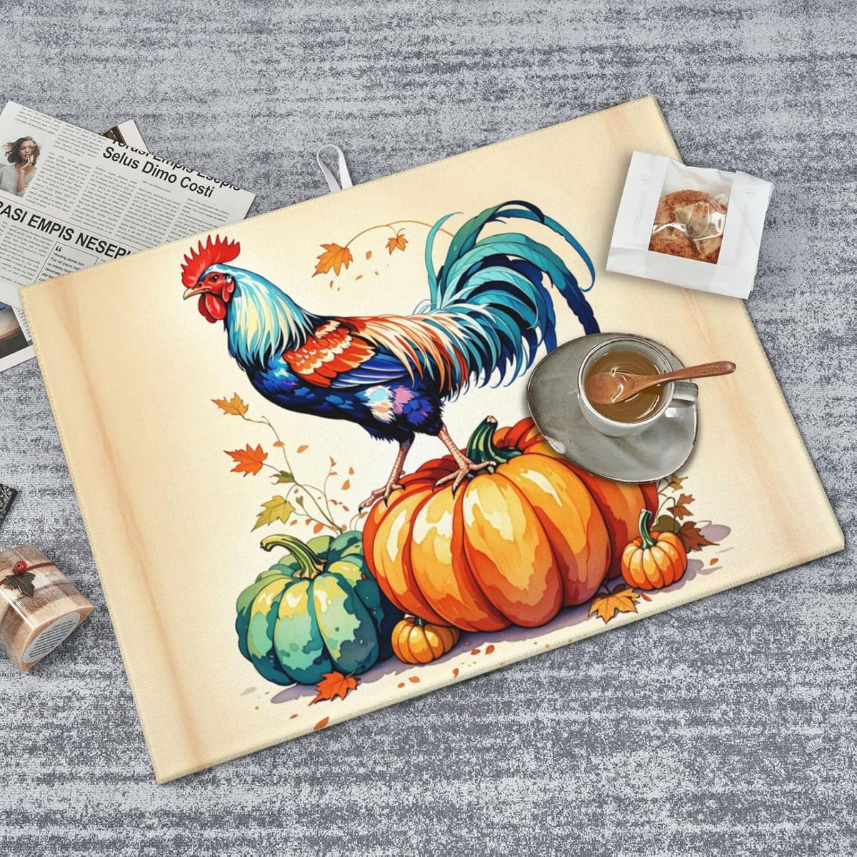 Rooster Pumpkin Dish Drying Mat Highly Absorbent Double-Sided Microfiber with Hanging Loop