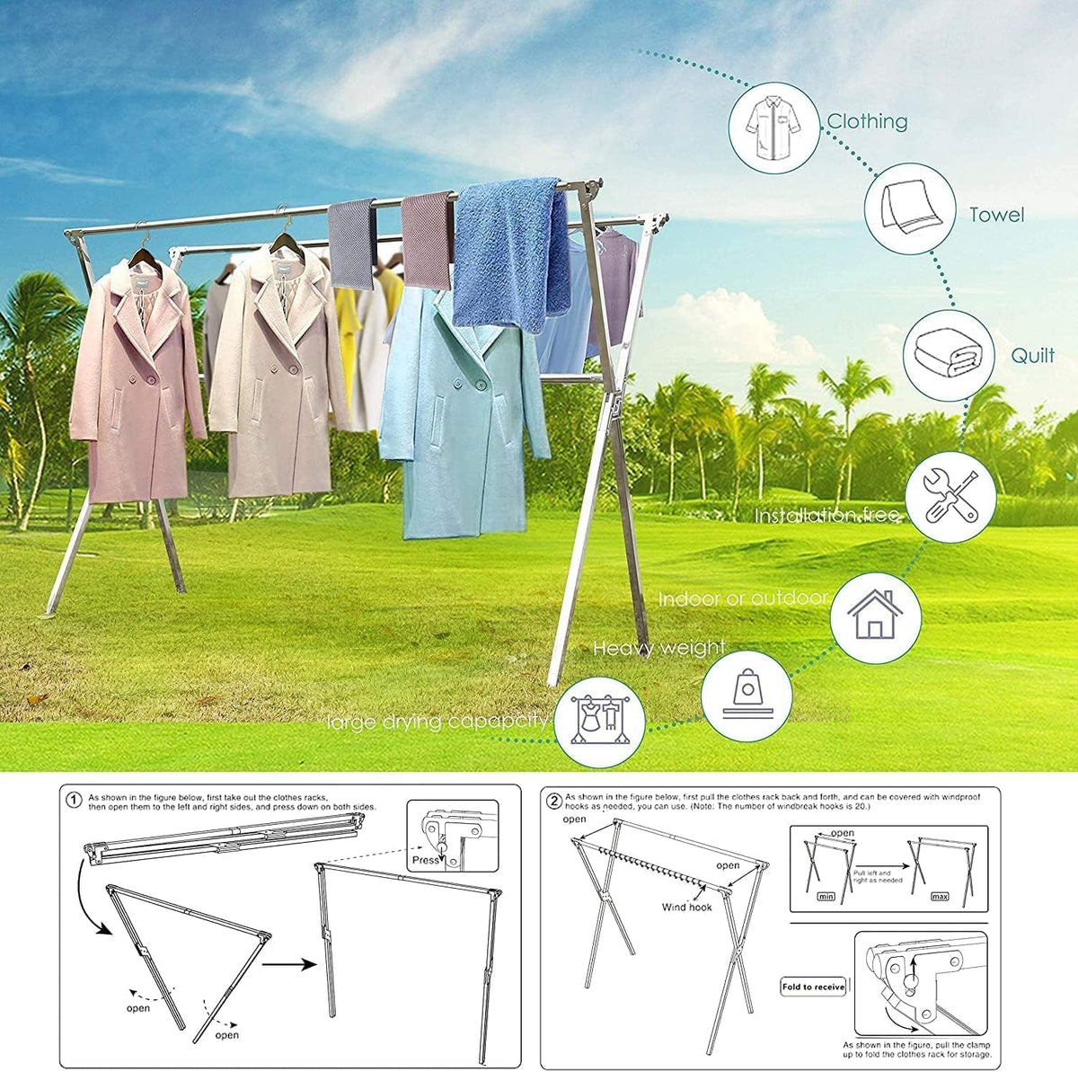 Clothes Drying Racks 81.5-83 Inches Folding Outdoor Indoor Drying Rack Clothing Collapsible