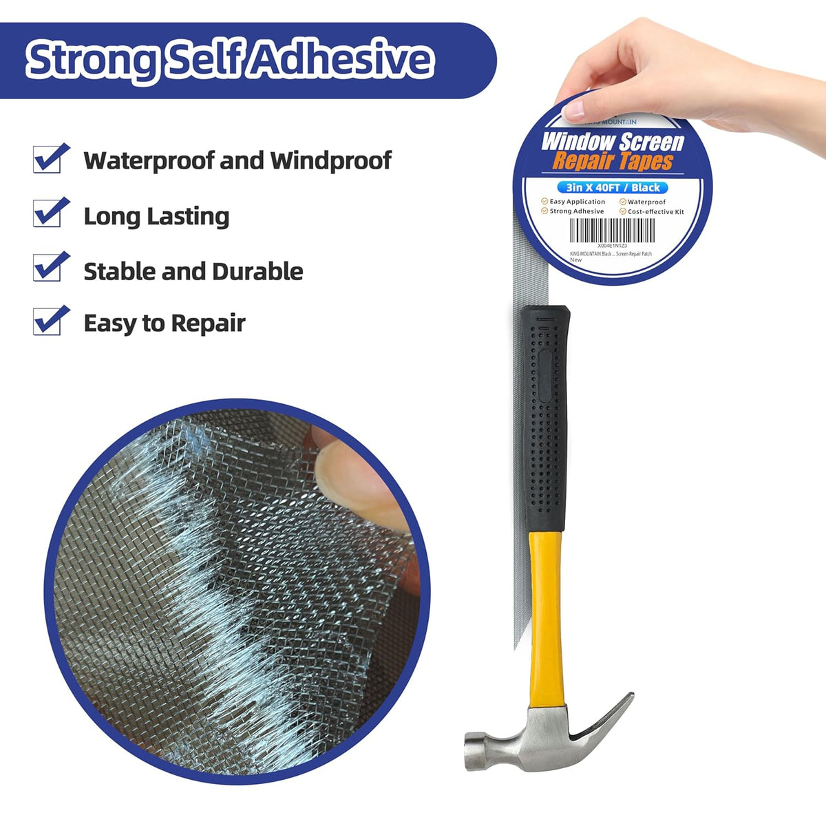 KING MOUNTAIN Black Window Screen Repair Tape,3inX40FT Heavy Duty Screen Repair Kit for Window