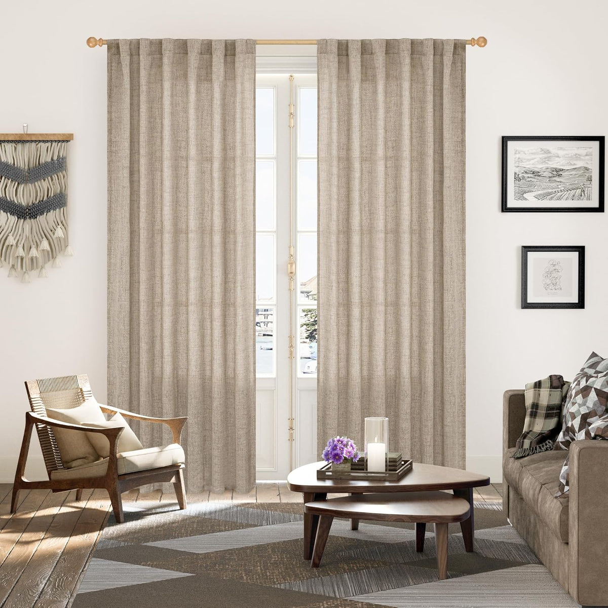 YoungsTex Dark Oatmeal Linen Semi Sheer Curtains 80 Inch Length for Living Room, Light Filtering