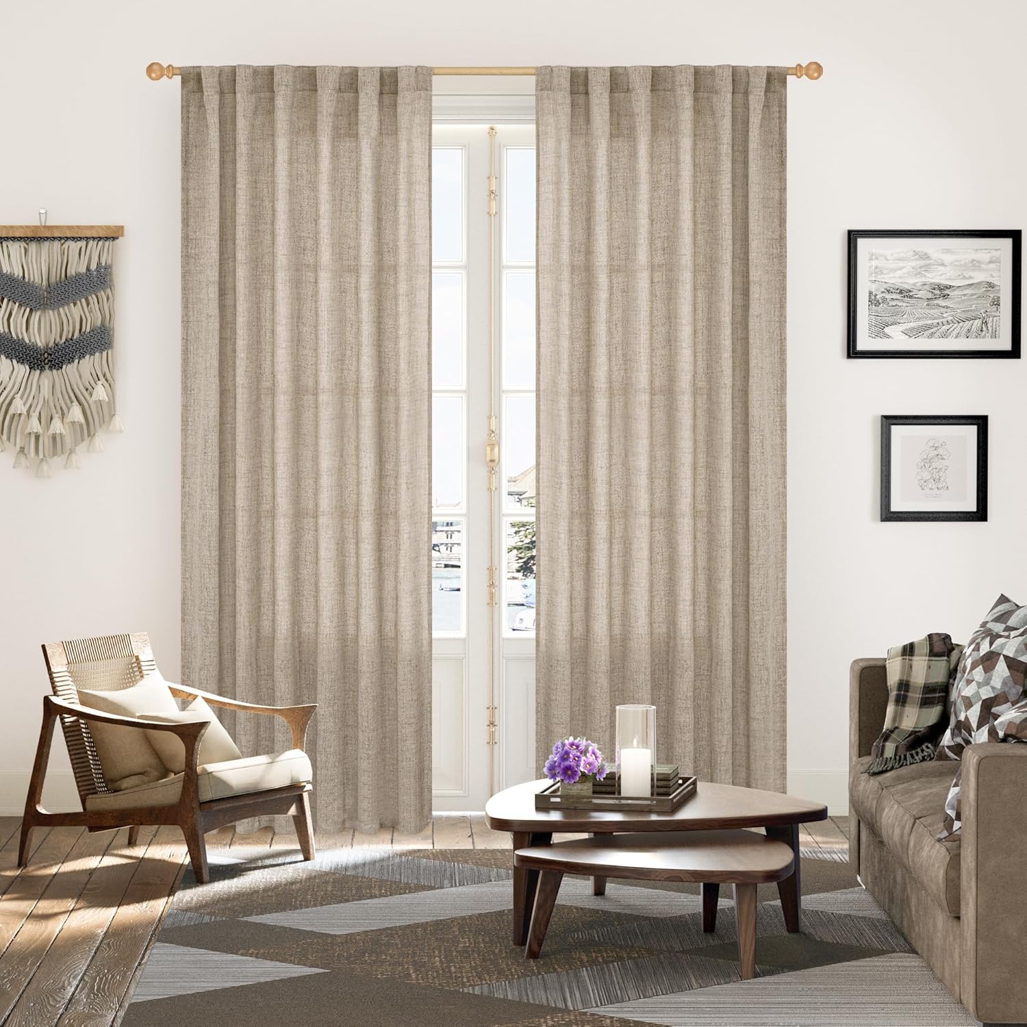 YoungsTex Dark Oatmeal Linen Semi Sheer Curtains 80 Inch Length for Living Room, Light Filtering