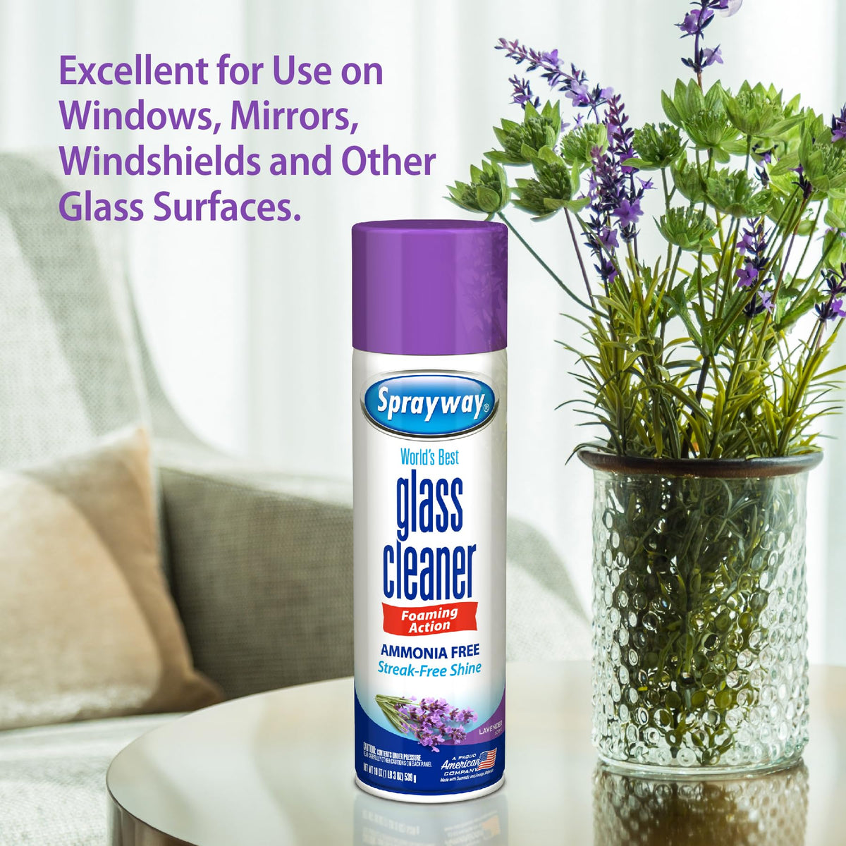 Sprayway Glass Cleaner Lavender Scent Foaming Aerosol Spray, 19oz, Pack of 6 | Ammonia-Free