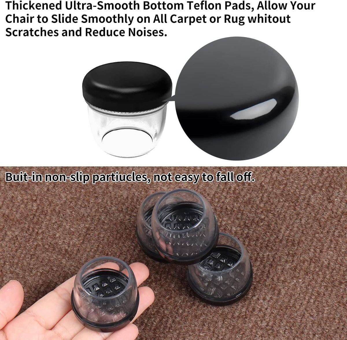 Ezprotekt 24 Pcs Clear Chair Leg Sliders for Carpet, Round Teflon Furniture Glides for Rug, Carpet