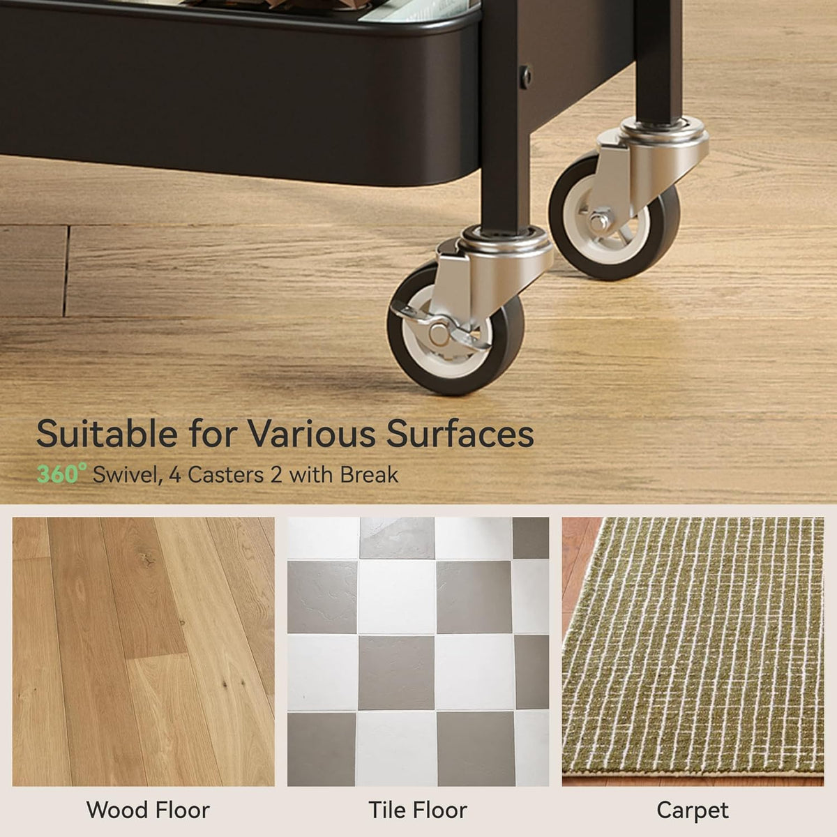 3 Tier Rolling Cart,Utility Cart with Locking Wheels, Hanging Cups & Hooks, Heavy Duty Metal