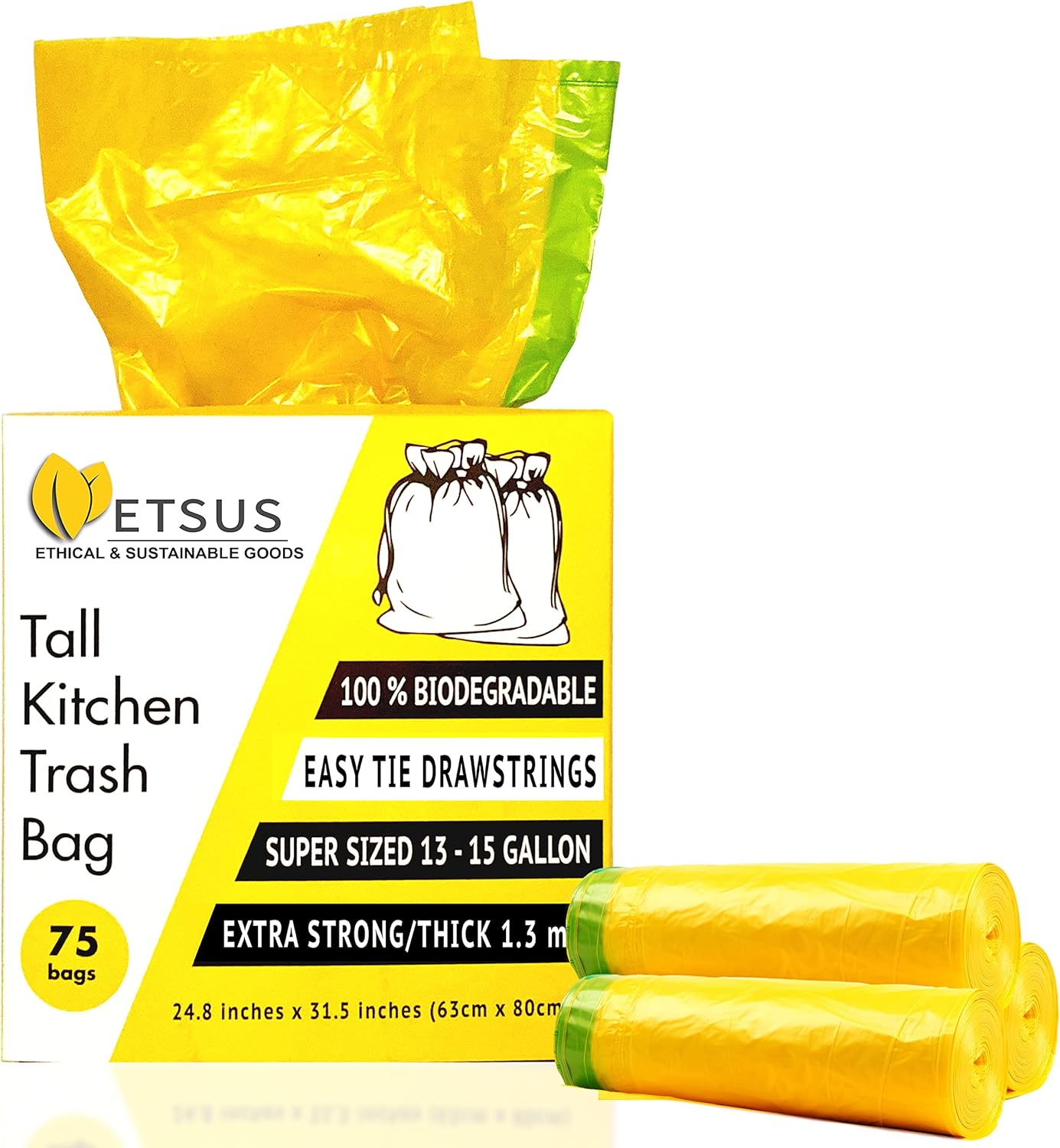13 Gallon Biodegradable Trash Bags with Drawstrings, 75 Count Plant Based, Code Q Tall Kitchen