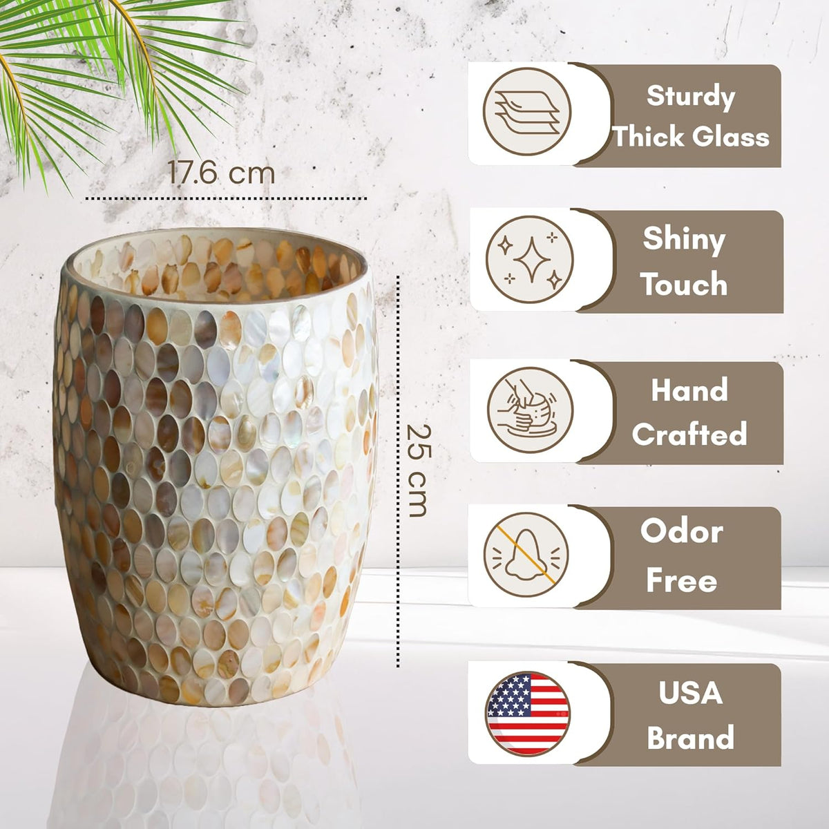 Escenzy Natural Shell Bathroom Trash Can Mosaic Glass 5L | Decorative Small Garbage Can | 7" x 10"