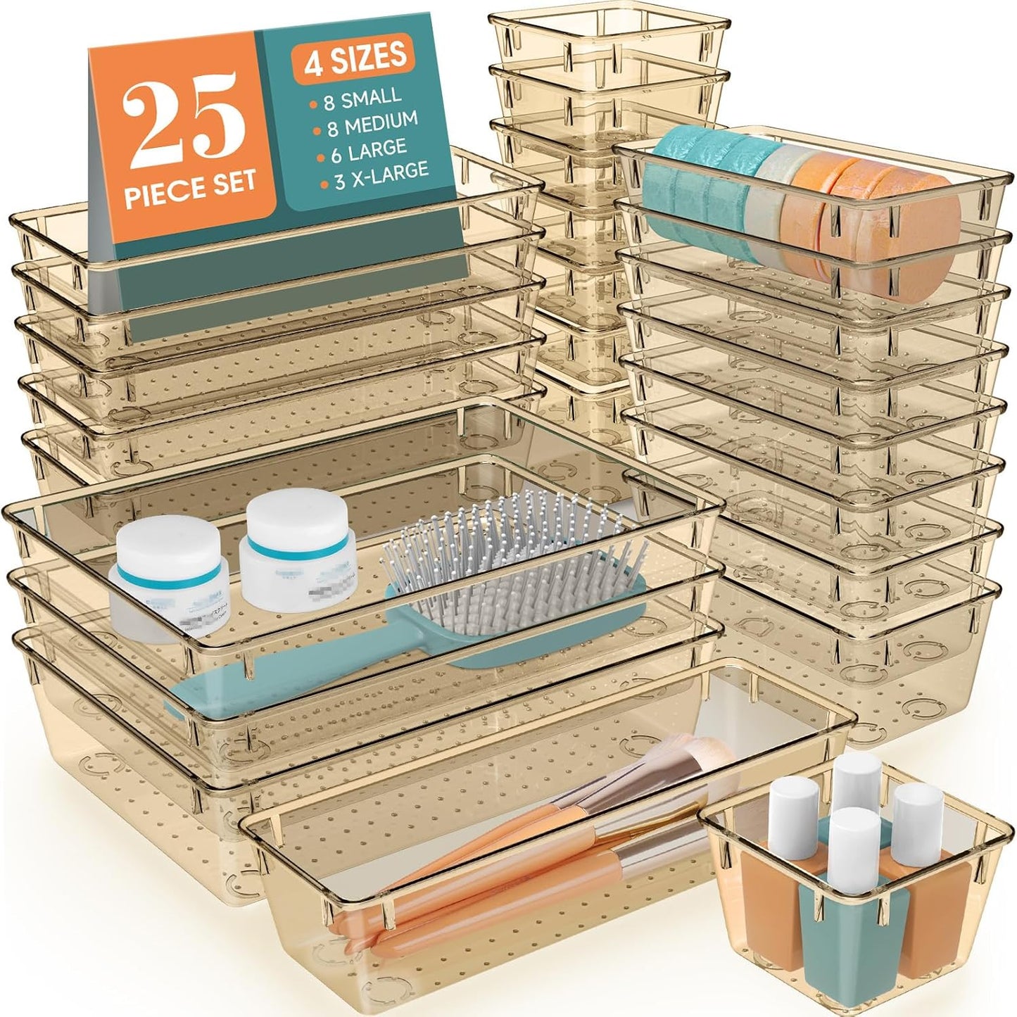 WOWBOX 25 PCS Plastic Drawer Organizer Set, 4 Sizes Desk Drawer Divider Organizers and Storage Bins