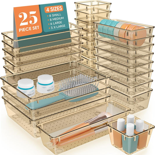 WOWBOX 25 PCS Plastic Drawer Organizer Set, 4 Sizes Desk Drawer Divider Organizers and Storage Bins