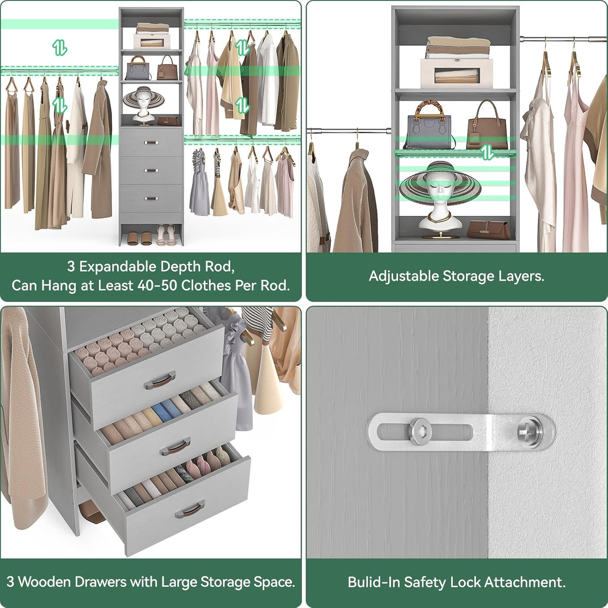 96'' Closet Organizer System with 3 Hanging Rods (Without 3 Storage Shelves), 8FT Closet Systems