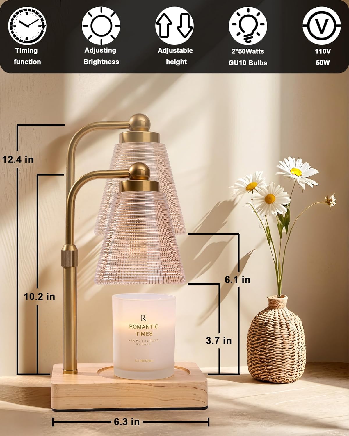 Candle Warmer Lamp - Electric Candle Warmer with Timer, Adjustable Height & Brightness, 2